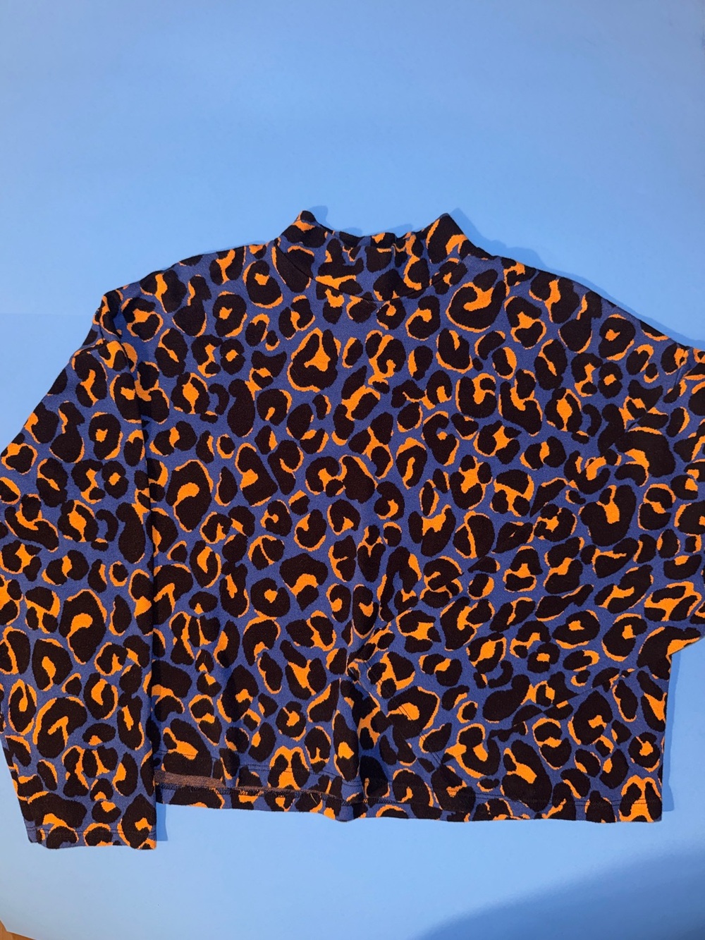 Zara Cropped Oversized Blue and Orange Leopard Print Turtleneck Sweater